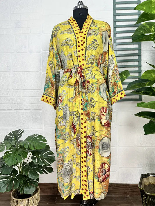 Recycle Boho House Robe Kimono Vintage Silk Sari Dressing Gown, Beach Coverup, Bridesmaid, Anniversary Gift Her | Yellow Grey