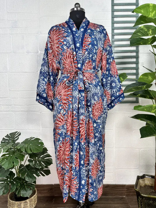 Recycle Boho House Robe Kimono Vintage Silk Sari Dressing Gown, Beach Coverup, Bridesmaid, Anniversary Gift Her | Blue Red