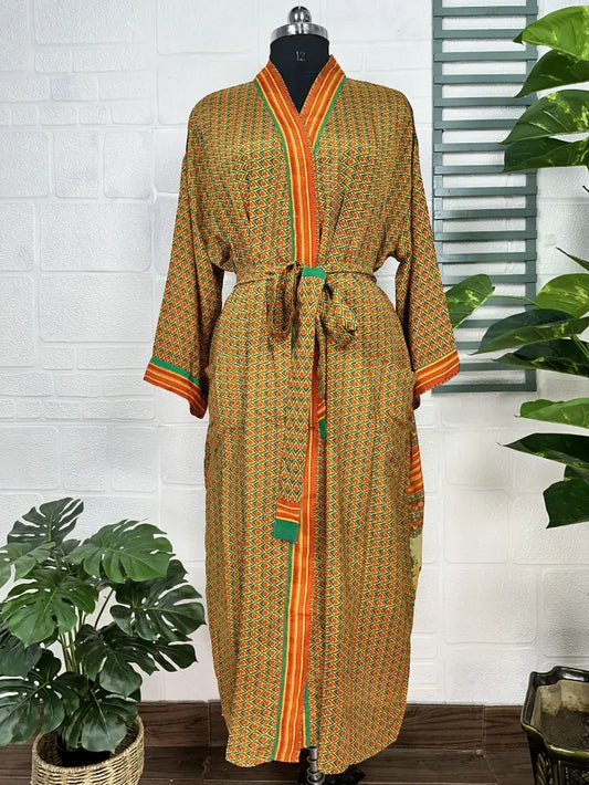 Recycle Boho House Robe Kimono Vintage Silk Sari Dressing Gown, Beach Coverup, Bridesmaid, Anniversary Gift Her | Green Yellow