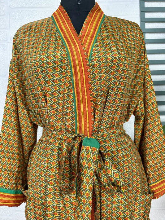 Recycle Boho House Robe Kimono Vintage Silk Sari Dressing Gown, Beach Coverup, Bridesmaid, Anniversary Gift Her | Green Yellow