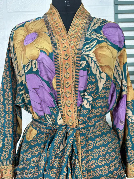 Recycle Boho House Robe Kimono Vintage Silk Sari Dressing Gown, Beach Coverup, Bridesmaid, Anniversary Gift Her | Blue Yellow