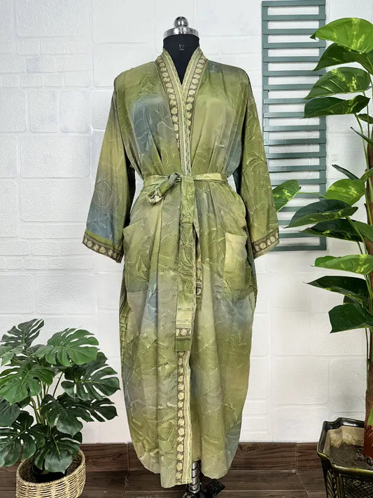 Recycle Boho House Robe Kimono Vintage Silk Sari Dressing Gown, Beach Coverup, Bridesmaid, Anniversary Gift Her | Green Gray