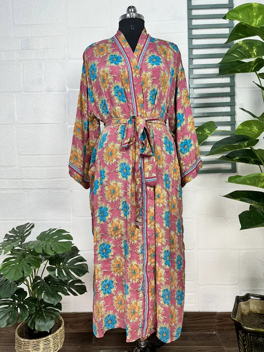 Recycle Boho House Robe Kimono Vintage Silk Sari Dressing Gown, Beach Coverup, Bridesmaid, Anniversary Gift Her | Pink Blue