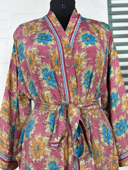 Recycle Boho House Robe Kimono Vintage Silk Sari Dressing Gown, Beach Coverup, Bridesmaid, Anniversary Gift Her | Pink Blue