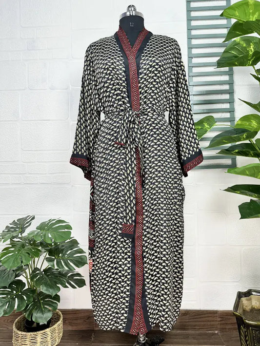 Recycle Boho House Robe Kimono Vintage Silk Sari Dressing Gown, Beach Coverup, Bridesmaid, Anniversary Gift Her | Black white