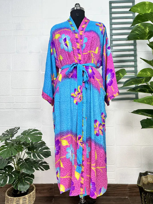 Recycle Boho House Robe Kimono Vintage Silk Sari Dressing Gown, Beach Coverup, Bridesmaid, Anniversary Gift Her | Blue Pink