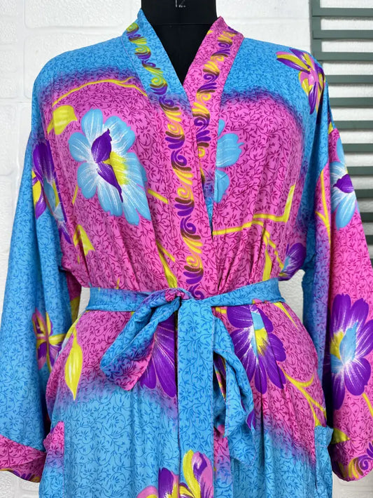 Recycle Boho House Robe Kimono Vintage Silk Sari Dressing Gown, Beach Coverup, Bridesmaid, Anniversary Gift Her | Blue Pink