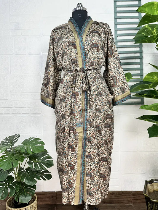 Recycle Boho House Robe Kimono Vintage Silk Sari Dressing Gown, Beach Coverup, Bridesmaid, Anniversary Gift Her | Beige Brown