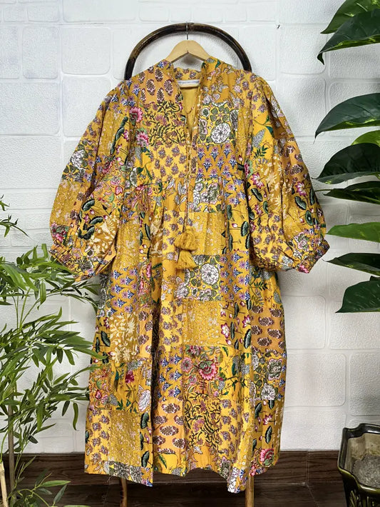 ASSORTED - YELLOW HUES | Hand Stitched Patchwork Cotton Dress | Perfect Anniversary Christmas Gift For Her Sister Mother |