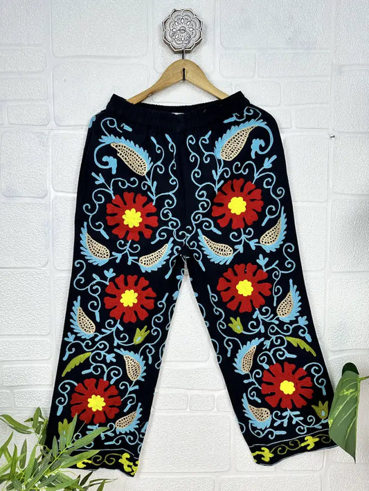 Boho Hippi Handmade Suzani Embroidered Pockets Trouser Comfy Fit Casual Wear Elastic Waist | Floral