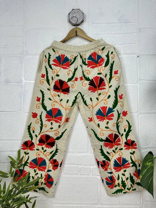 Boho Hippi Handmade Suzani Embroidered Pockets Trouser Comfy Fit Casual Wear Elastic Waist | Floral