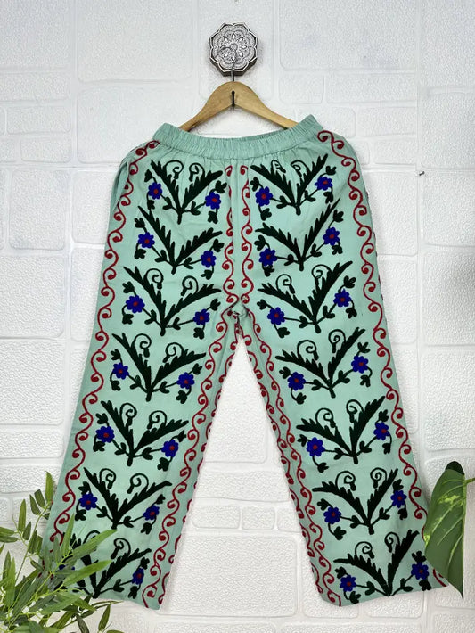 Boho Hippi Handmade Suzani Embroidered Pockets Trouser Comfy Fit Casual Wear Elastic Waist | Floral