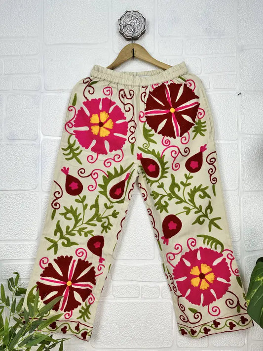 Boho Hippi Handmade Suzani Embroidered Pockets Trouser Comfy Fit Casual Wear Elastic Waist | Floral