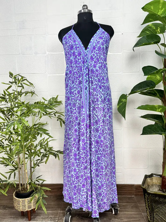 Boho New Silk Magic Summer Maxi Halter Dress | Floral Blue Purple