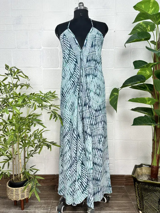 Boho New Silk Magic Summer Maxi Halter Dress | Leaf Blue Black