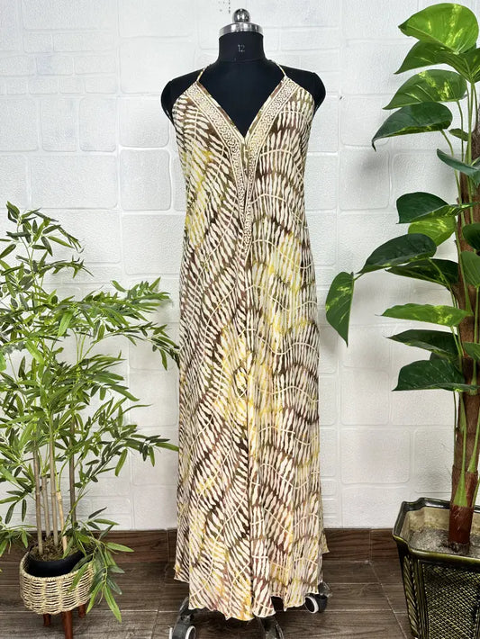 Boho New Silk Magic Summer Maxi Halter Dress | Leaf Beige Brown