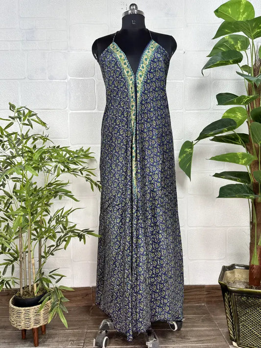 Boho New Silk Magic Summer Maxi Halter Dress | Floral Blue Green