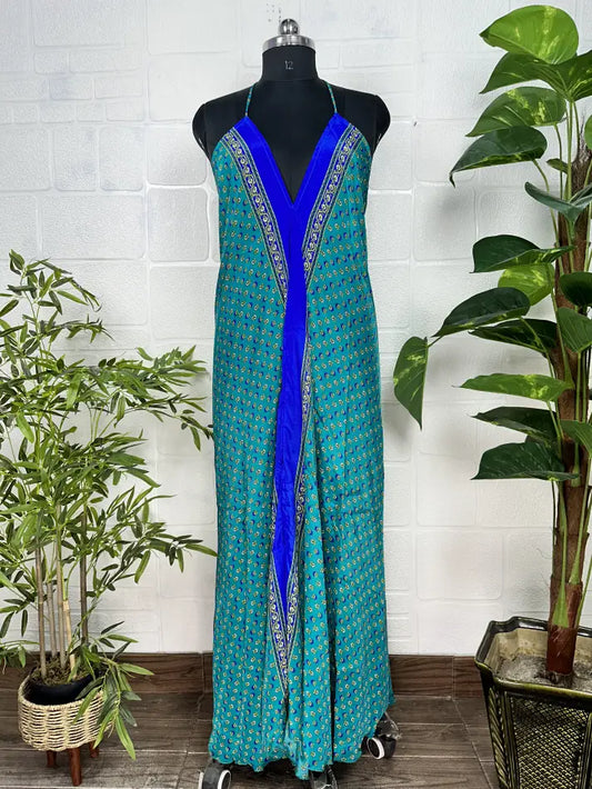 Boho New Silk Magic Summer Maxi Halter Dress | Floral Green Blue