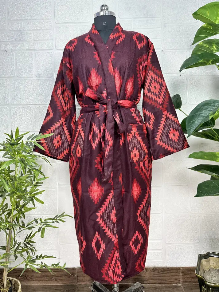 Unisex-Kimono/Robe aus Yakwollmischung mit geometrischen Rauten | Luxuriöser urbaner Blumendruck in Beige, Rot und Blaugrün | Warmes Hygge-Weihnachtsgeschenk für Sie und Ihn