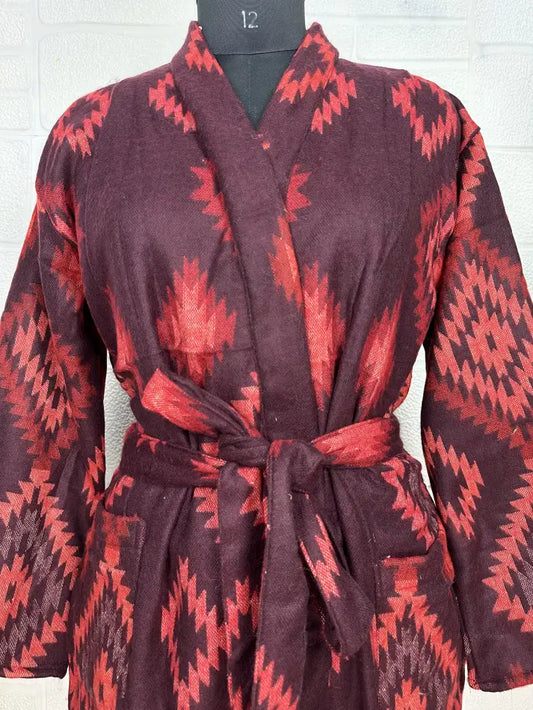 Unisex-Kimono/Robe aus Yakwollmischung mit geometrischen Rauten | Luxuriöser urbaner Blumendruck in Beige, Rot und Blaugrün | Warmes Hygge-Weihnachtsgeschenk für Sie und Ihn