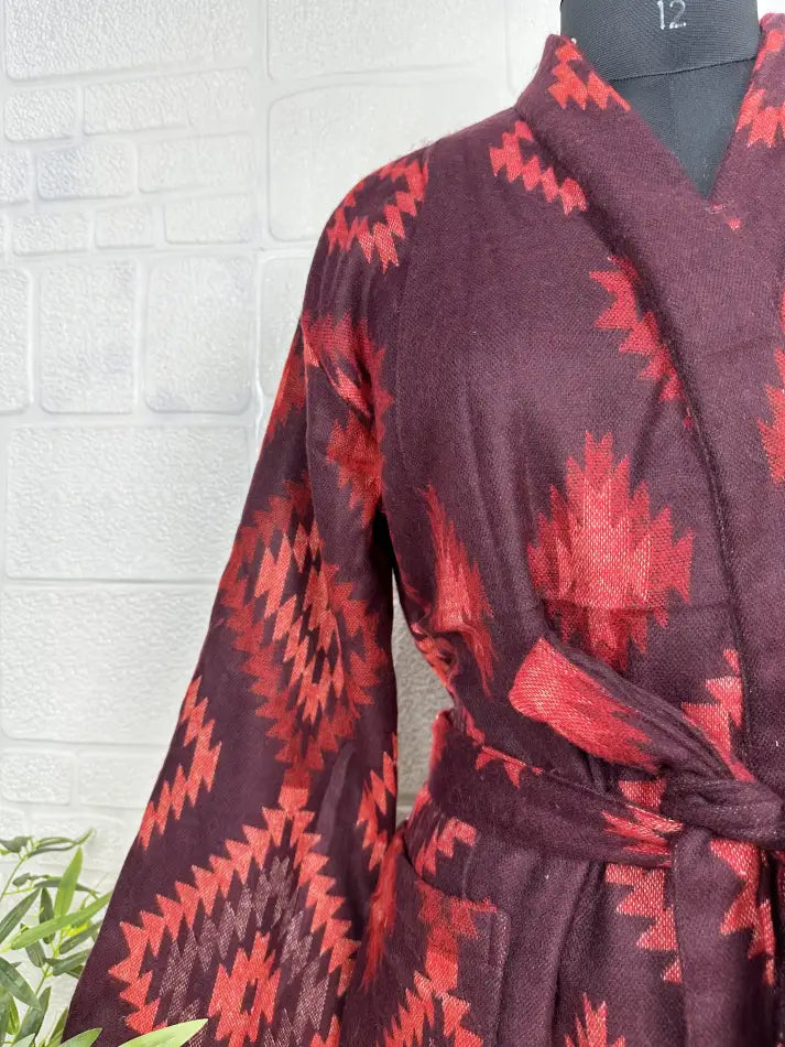 Unisex-Kimono/Robe aus Yakwollmischung mit geometrischen Rauten | Luxuriöser urbaner Blumendruck in Beige, Rot und Blaugrün | Warmes Hygge-Weihnachtsgeschenk für Sie und Ihn