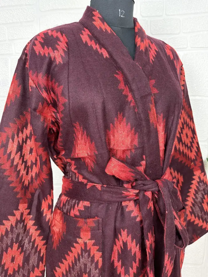 Yak Wool Blend Women Kimono Robe, Cozy Winter Romance Loungewear, Red Diamond Print Cardigan House Coat with Pockets | Quirky Christmas Gift