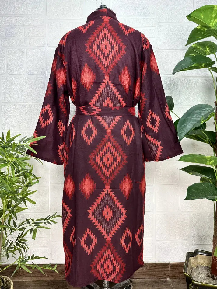 Yak Wool Blend Women Kimono Robe, Cozy Winter Romance Loungewear, Red Diamond Print Cardigan House Coat with Pockets | Quirky Christmas Gift