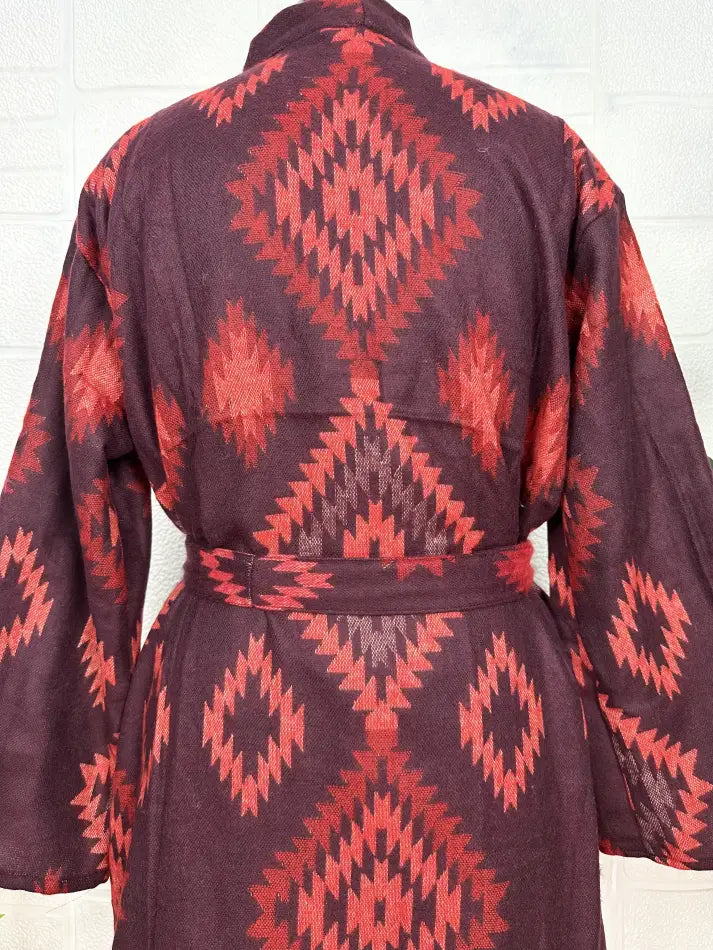Yak Wool Blend Women Kimono Robe, Cozy Winter Romance Loungewear, Red Diamond Print Cardigan House Coat with Pockets | Quirky Christmas Gift