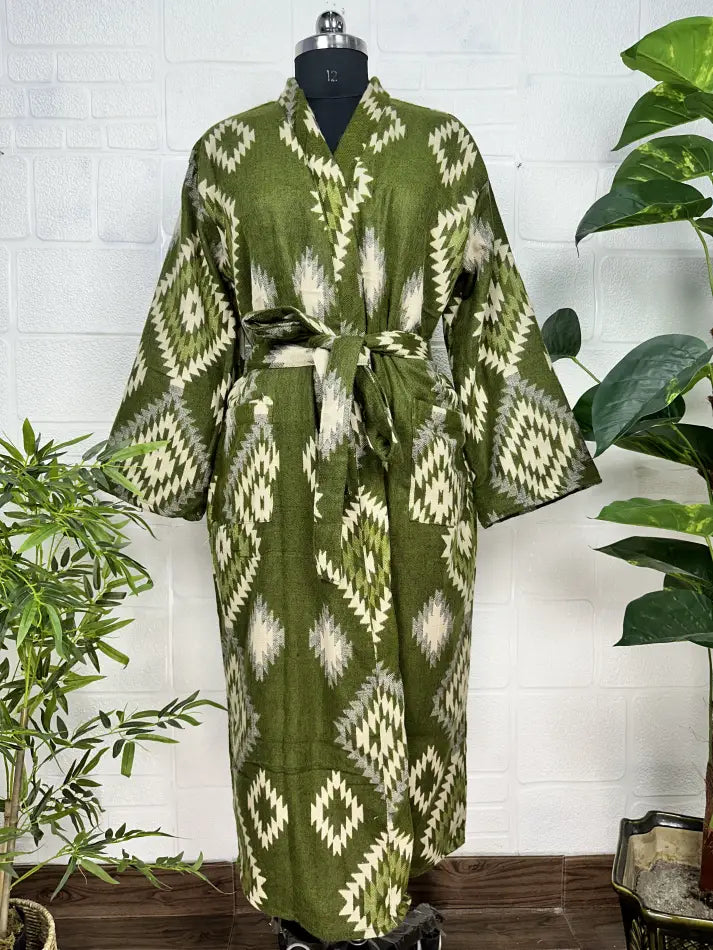 Women's Yak Wool Blend Kimono Robe in green diamond with pockets