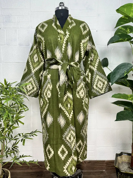 Unisex-Kimono/Robe aus Yakwollmischung mit geometrischen Rauten | Luxuriöser urbaner Blumendruck in Beige, Rot und Blaugrün | Warmes Hygge-Weihnachtsgeschenk für Sie und Ihn