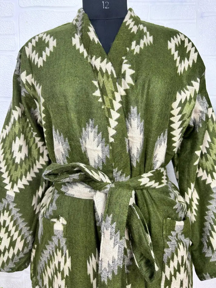 Unisex-Kimono/Robe aus Yakwollmischung mit geometrischen Rauten | Luxuriöser urbaner Blumendruck in Beige, Rot und Blaugrün | Warmes Hygge-Weihnachtsgeschenk für Sie und Ihn