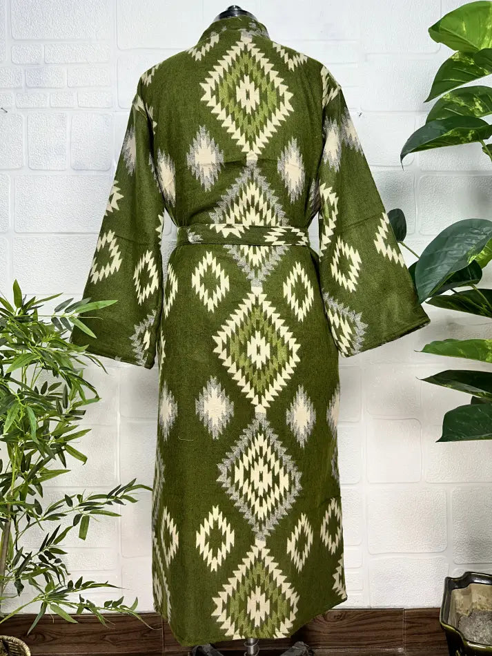 Women's Yak Wool Blend Kimono Robe in green diamond with pockets