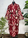 Yak Wool Blend Women Kimono Robe, Cozy Winter Romance Loungewear, Red Diamond Print Cardigan House Coat with Pockets | Quirky Christmas Gift