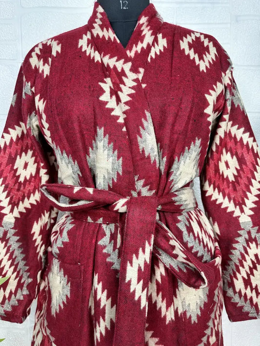 Unisex-Kimono/Robe aus Yakwollmischung mit geometrischen Rauten | Luxuriöser urbaner Blumendruck in Beige, Rot und Blaugrün | Warmes Hygge-Weihnachtsgeschenk für Sie und Ihn