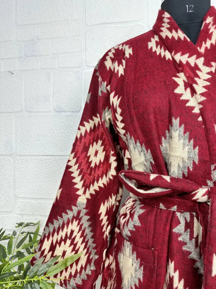 Yak Wool Blend Women Kimono Robe, Cozy Winter Romance Loungewear, Red Diamond Print Cardigan House Coat with Pockets | Quirky Christmas Gift