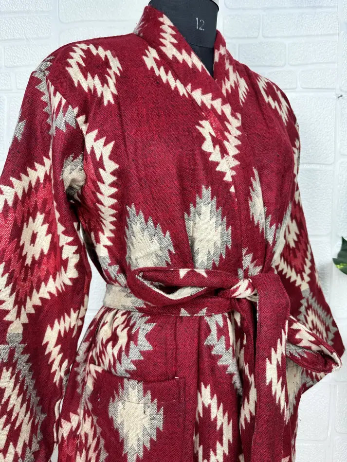 Yak Wool Blend Women Kimono Robe, Cozy Winter Romance Loungewear, Red Diamond Print Cardigan House Coat with Pockets | Quirky Christmas Gift