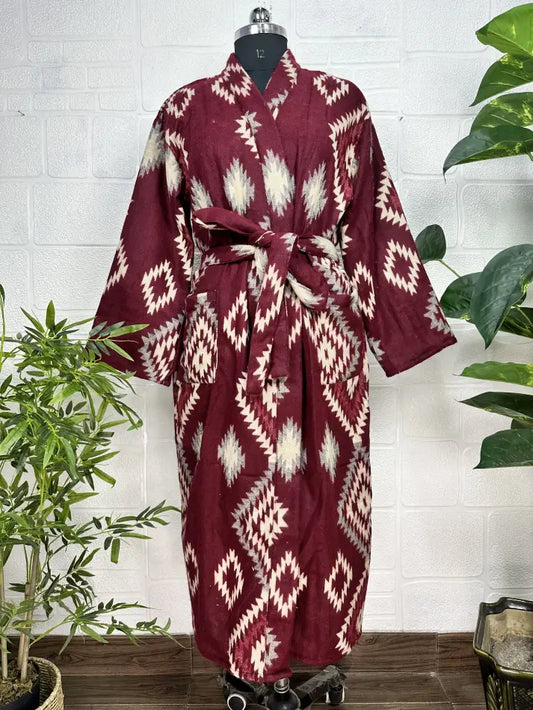 Unisex-Kimono/Robe aus Yakwollmischung mit geometrischen Rauten | Luxuriöser urbaner Blumendruck in Beige, Rot und Blaugrün | Warmes Hygge-Weihnachtsgeschenk für Sie und Ihn