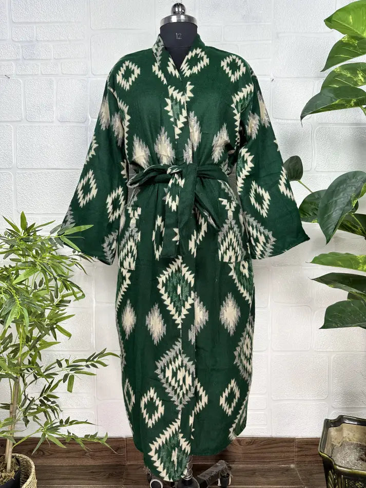 Women's Yak Wool Blend Kimono Robe in green diamond with pockets