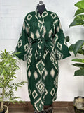 Women's Yak Wool Blend Kimono Robe in green diamond with pockets