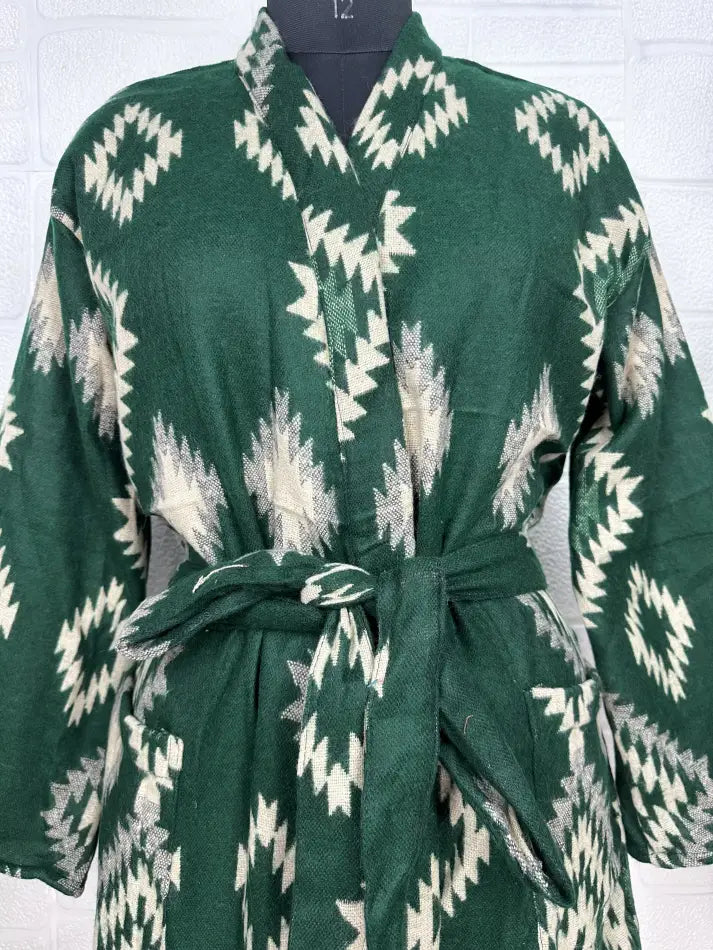 Women's Yak Wool Blend Kimono Robe in green diamond with pockets