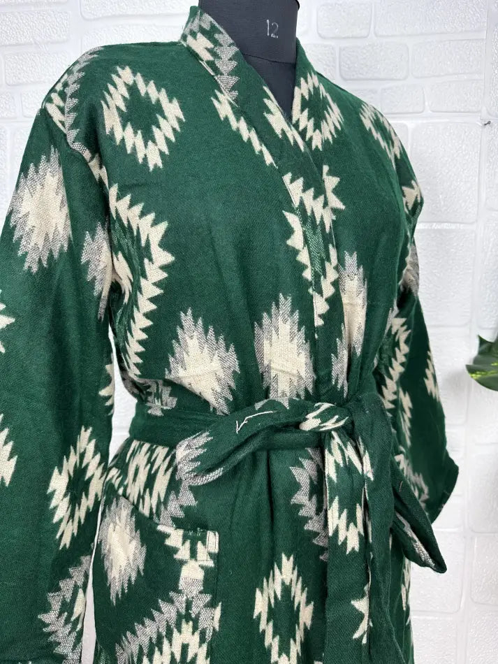 Unisex-Kimono/Robe aus Yakwollmischung mit geometrischen Rauten | Luxuriöser urbaner Blumendruck in Beige, Rot und Blaugrün | Warmes Hygge-Weihnachtsgeschenk für Sie und Ihn
