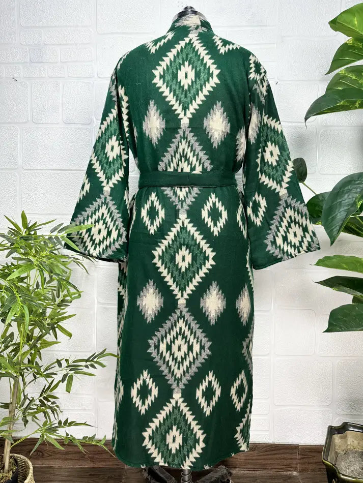 Women's Yak Wool Blend Kimono Robe in green diamond with pockets
