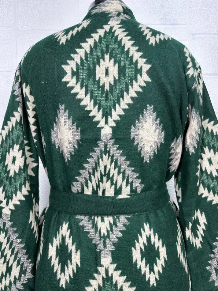 Women's Yak Wool Blend Kimono Robe in green diamond with pockets