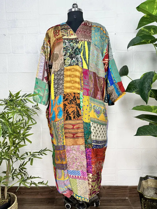 Vintage Earthy Boho Duster Long Patchwork Kimono | Oversized Recycle Silk Flowy Bathrobe | Gift For Her