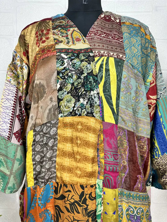 Vintage Earthy Boho Duster Long Patchwork Kimono | Oversized Recycle Silk Flowy Bathrobe | Gift For Her