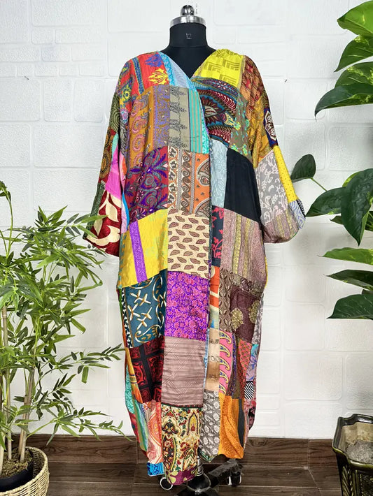 Vintage Earthy Boho Duster Long Patchwork Kimono | Oversized Recycle Silk Flowy Bathrobe | Gift For Her