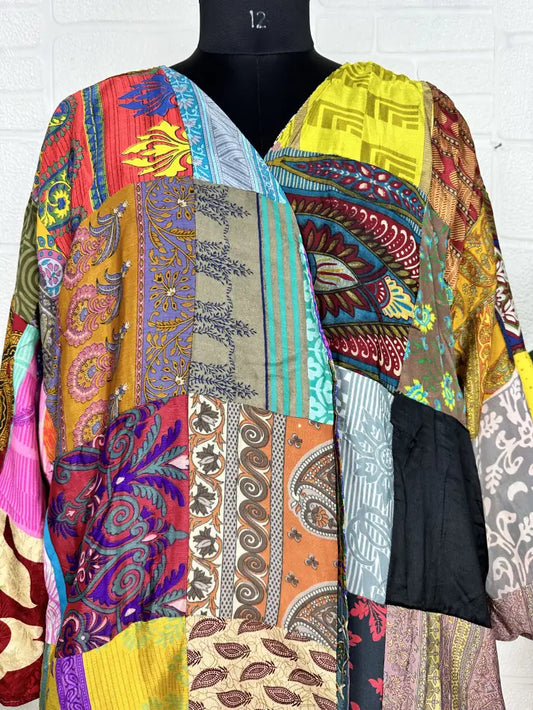 Vintage Earthy Boho Duster Long Patchwork Kimono | Oversized Recycle Silk Flowy Bathrobe | Gift For Her