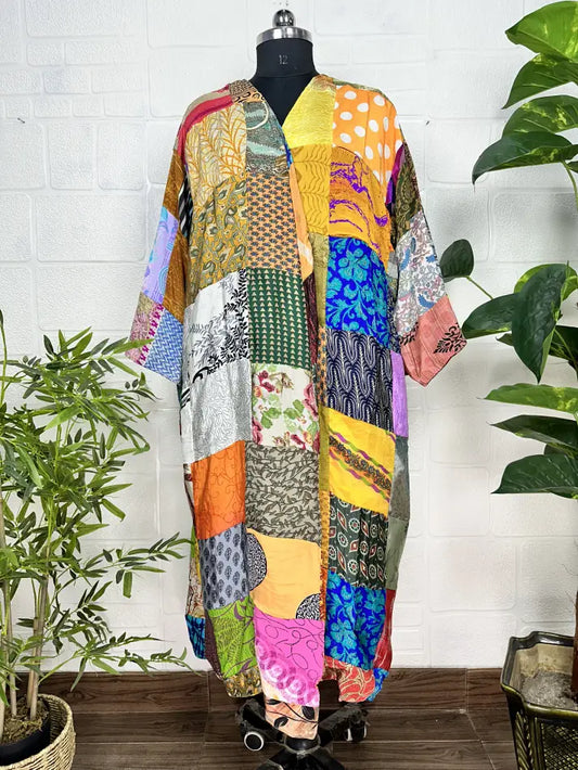 Vintage Earthy Boho Duster Long Patchwork Kimono | Oversized Recycle Silk Flowy Bathrobe | Gift For Her