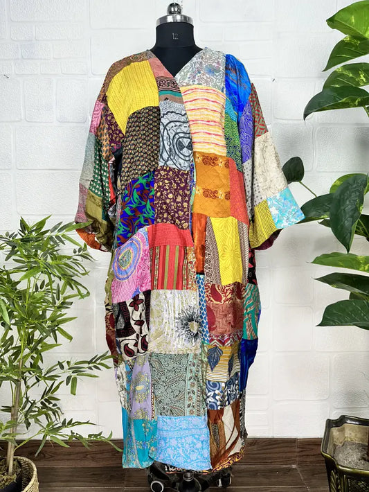 Vintage Earthy Boho Duster Long Patchwork Kimono | Oversized Recycle Silk Flowy Bathrobe | Gift For Her