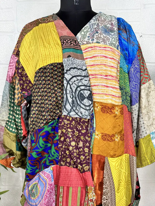 Vintage Earthy Boho Duster Long Patchwork Kimono | Oversized Recycle Silk Flowy Bathrobe | Gift For Her